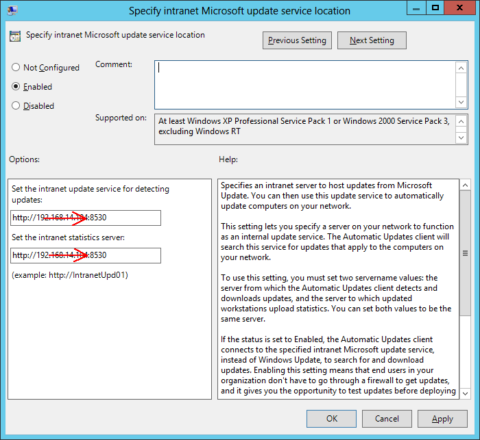 Specify intranet Microsoft update service location