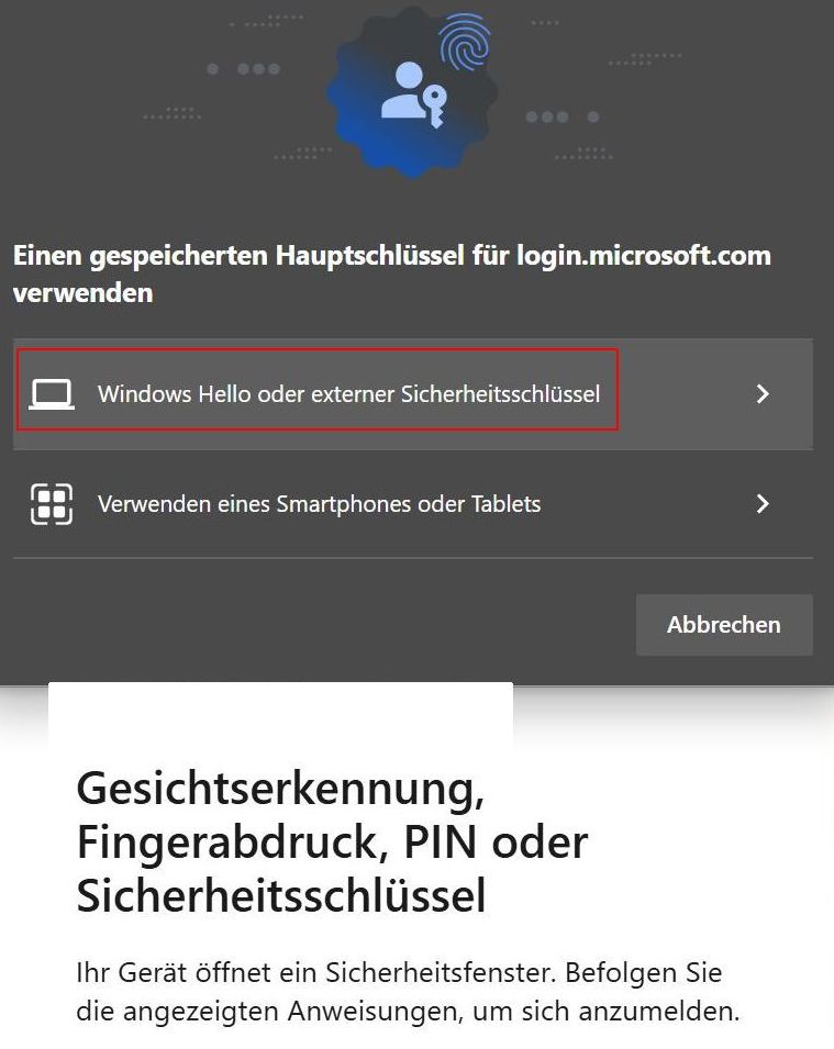 Sicherheitsschlüssel Log-in